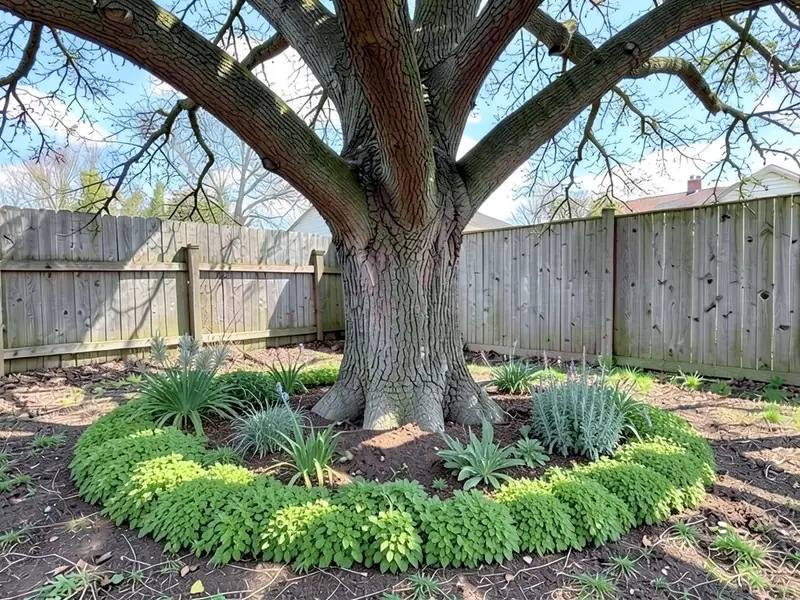 AI-edited version of the same image: a wide flat ring of low creeping groundcover around the tree, with ornamental grasses and silvery plants inside the ring and the trunk base clear