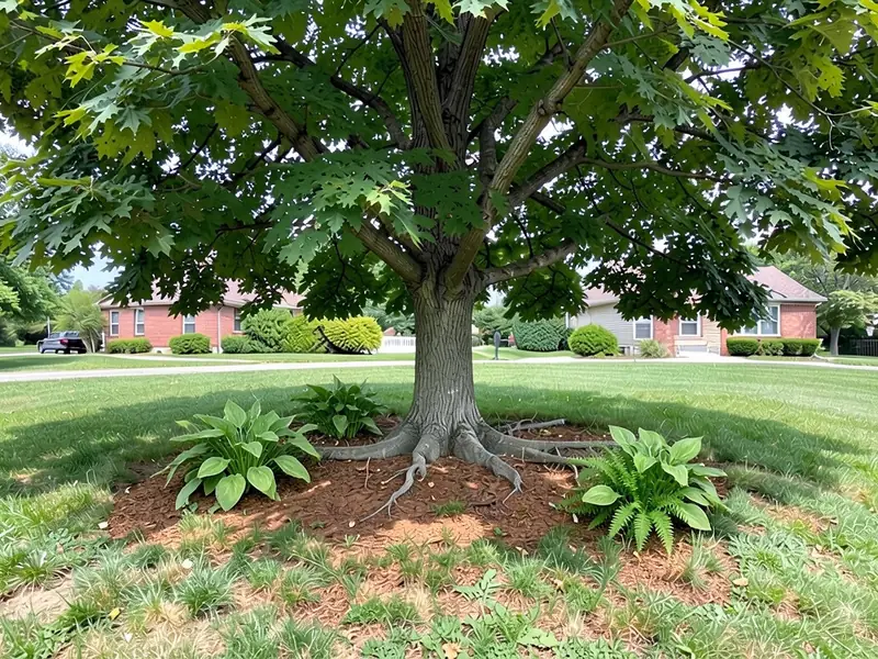 AI-edited version of the same image: brown wood-chip mulch in place of the bare dirt under the tree, with hostas and a fern near the edge, the surface roots still visible and the trunk base clear
