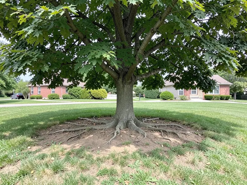 AI-generated example: a large mature tree in a suburban front lawn, with bare dirt, thin patchy grass and exposed surface roots under it and houses across the street in the background
