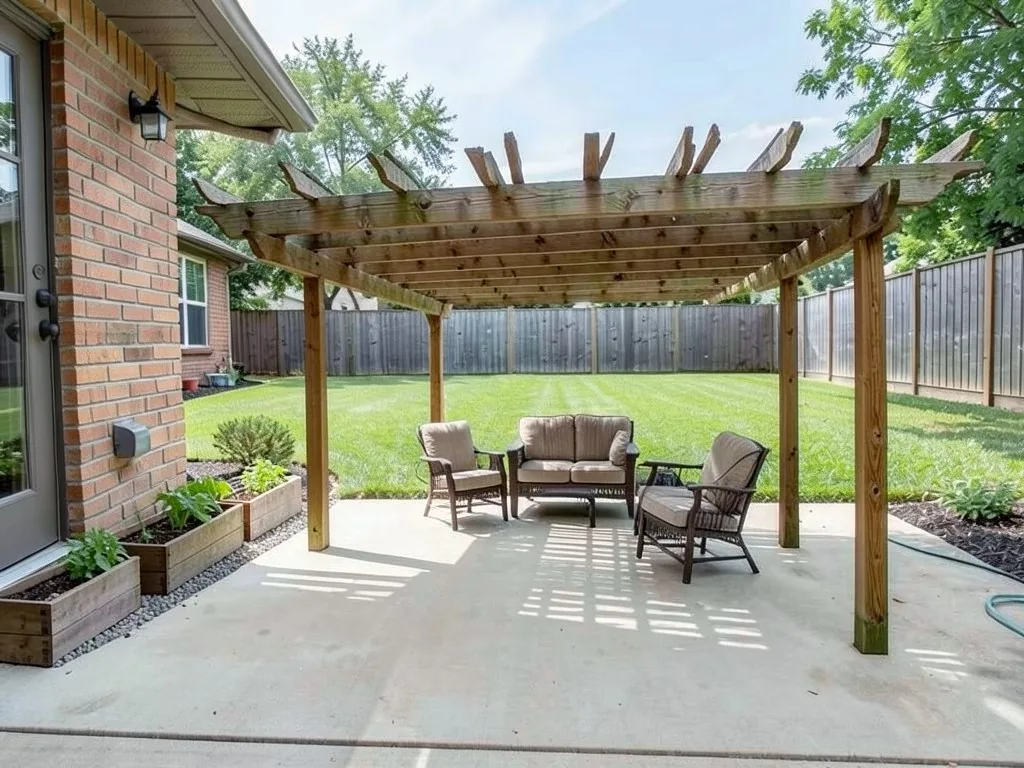 AI-edited version of the same image: a large wooden pergola on four posts over most of the concrete patio with a loveseat, two armchairs and a small table under it, and three raised wooden beds with plants on gravel along the house wall in the left foreground, seen closer than the before