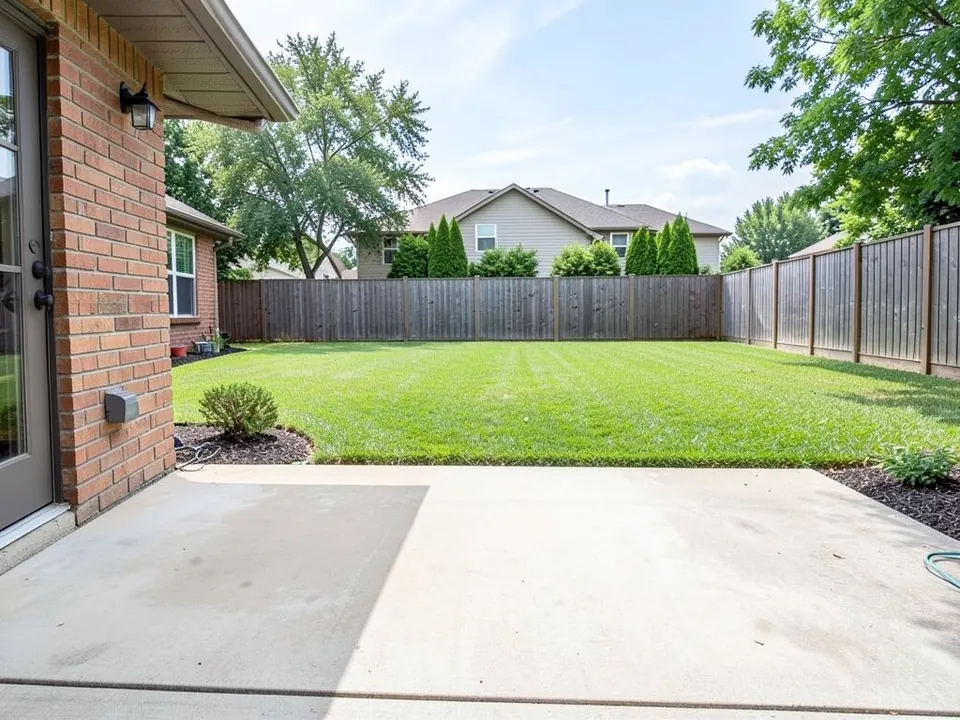AI-generated example: a wide plain concrete patio seen from beside a red brick house with a door and wall lamp, a small shrub in a mulch bed by the wall, a large mown lawn, a tall wooden fence, neighbors' houses and trees beyond, and a green hose at the right