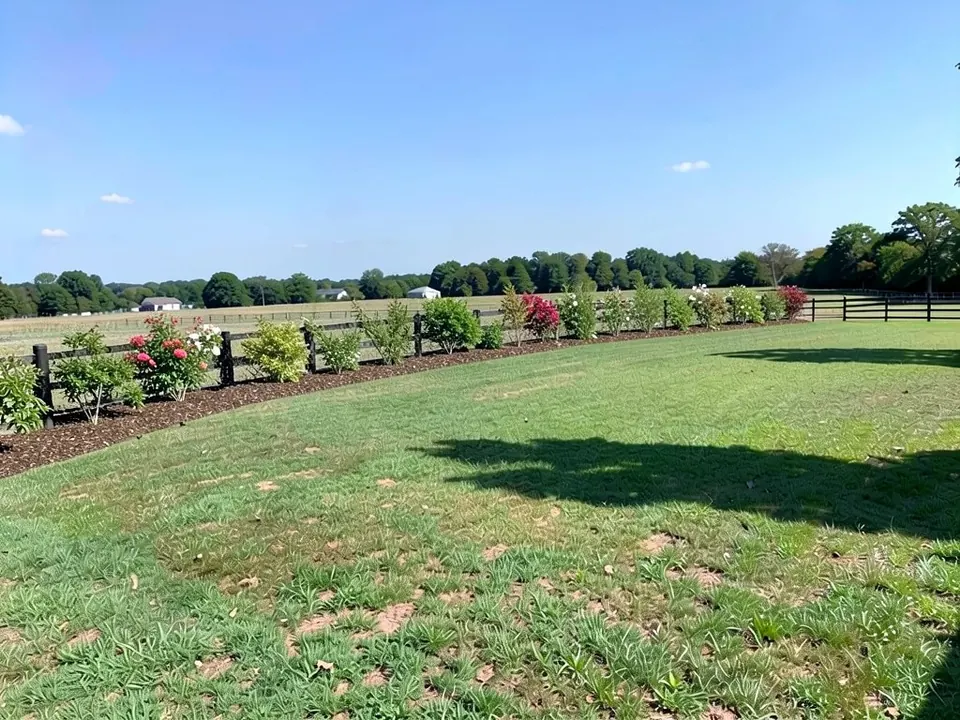 AI-edited version of the same image: a long strip of dark mulch along the split rail fence planted with a row of mixed shrubs, some with pink, red and white flowers, with the open field and tree line beyond and the lawn in front