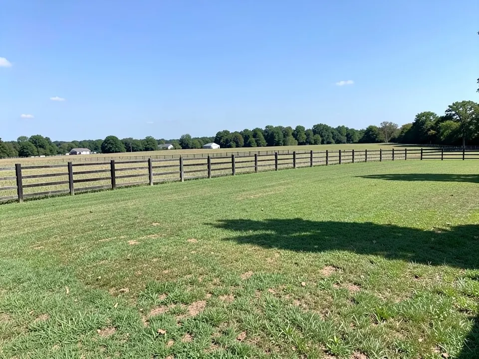 AI-generated example: a very large open lawn with dry patches on a rural lot, a dark wooden split rail fence running from the left into the distance, an open field and tree line beyond it, a few farm buildings and a tree shadow on the right