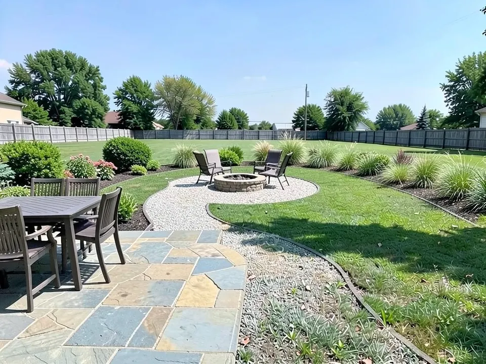 AI-edited version of the same image: a blue and tan flagstone patio with a wooden dining table and chairs in the left foreground, a curved pale gravel path leading to a round stone fire pit with four chairs in the middle distance, and beds of ornamental grasses and shrubs along curved edges in the middle of the lawn