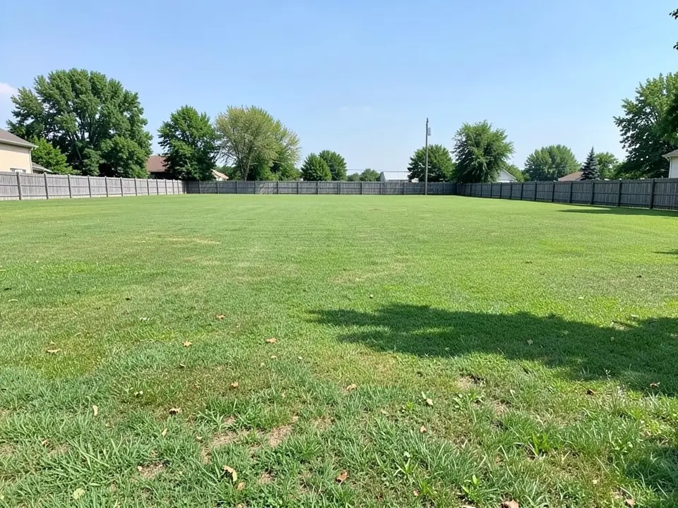 AI-generated example: a wide, flat, open backyard lawn with dry patches and fallen leaves, a long grey wooden fence across the back and sides, trees and rooftops behind the fence, a utility pole and a tree shadow on the right