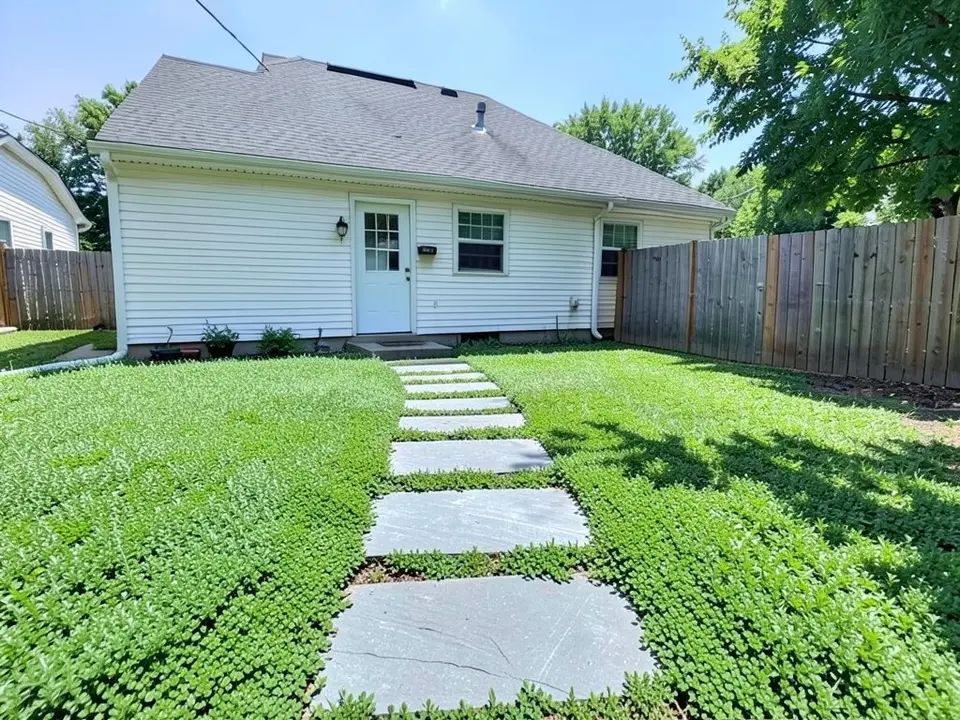 AI-edited version of the same image: the whole lawn is now a thick carpet of small green leaves with no bare dirt, with a path of large flat grey stepping stones leading from the back step toward the camera, in front of the same house and fence