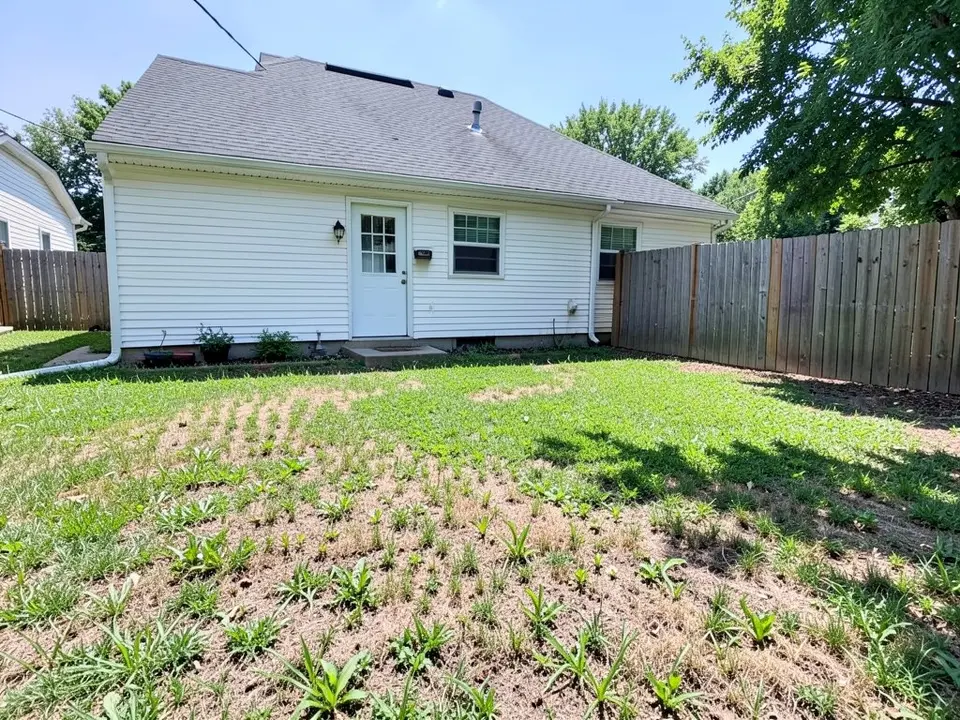 AI-generated example: the back of a small white house with a back door, a window and potted plants at the base of the wall, a wooden fence on the right and a thin, patchy lawn of dry brown and green grass with bare dirt and weeds in front