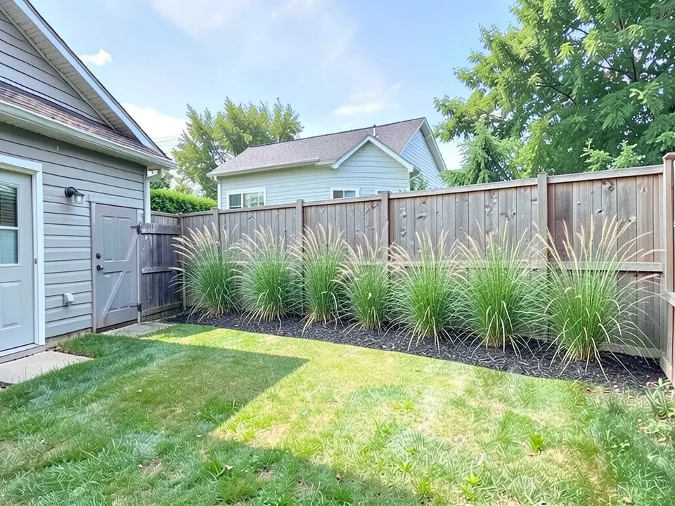 AI-edited version of the same image: the hedge is gone and a row of about seven tall ornamental grasses with feathery seed heads stands in a bed of near-black mulch in front of a long wooden fence, with the same house wall and lawn, and a different light-blue neighbouring house behind