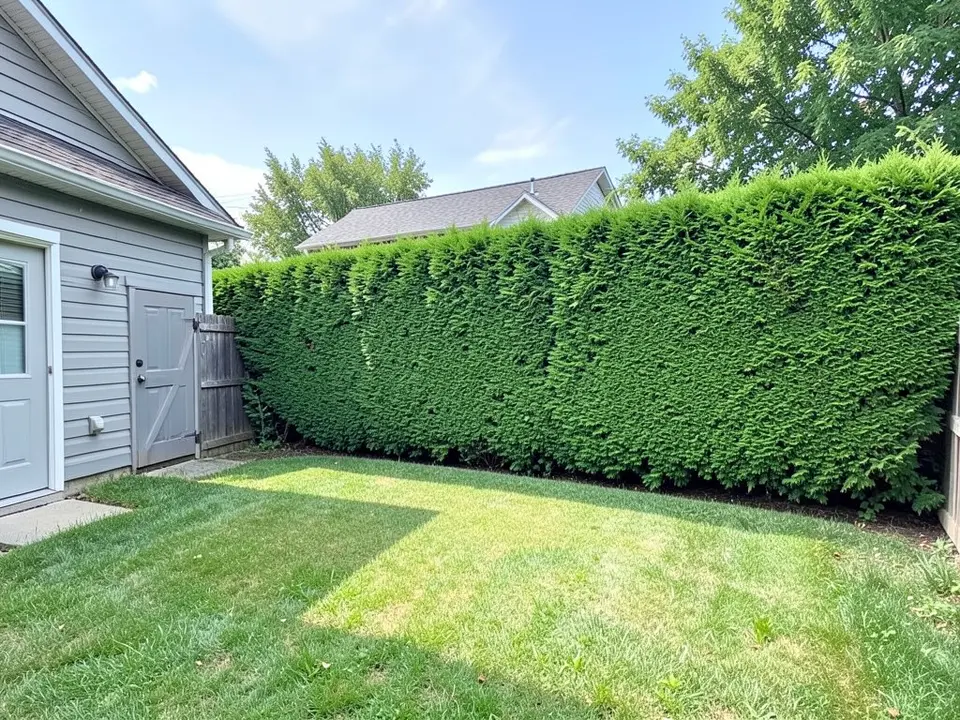 AI-generated example: a backyard with a tall, dense, clipped green hedge running along the back of the yard, a grey house wall with a door and a wall light on the left, a plain green lawn in front and a neighbour's grey-roofed house and trees behind the hedge