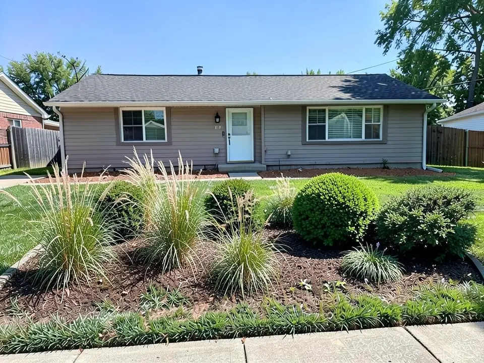 AI-edited version of the same image: the same house with a large bed of dark brown mulch in the foreground, planted with clumps of tall ornamental grasses and rounded green shrubs, with lawn still showing around it
