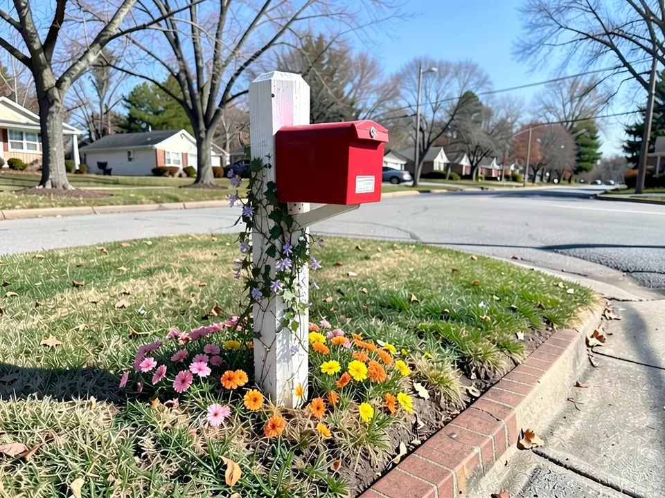 AI-edited version of the same image: pink, yellow and orange flowers at the foot of the white post, a vine with small purple flowers climbing the post, a red-brown brick edge along the curb, and the red mailbox, sidewalk and street as before