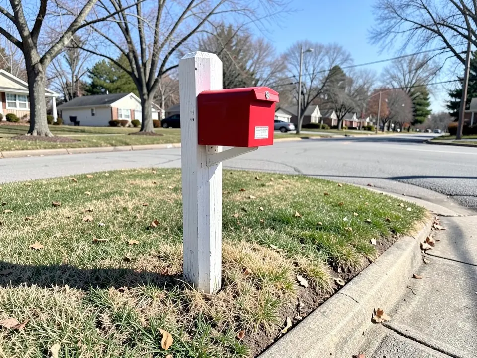 AI-generated example: a red mailbox on a white painted wooden post in mown grass at a curb, with a concrete curb, a sidewalk, a street, bare trees and suburban houses behind, in daylight