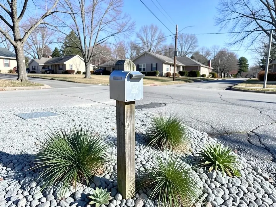 AI-edited version of the same image: the grass replaced by light grey gravel and larger rounded river stones, with three clumps of green ornamental grass and two small succulents, the utility cover still visible, and the mailbox, post, street and houses as before