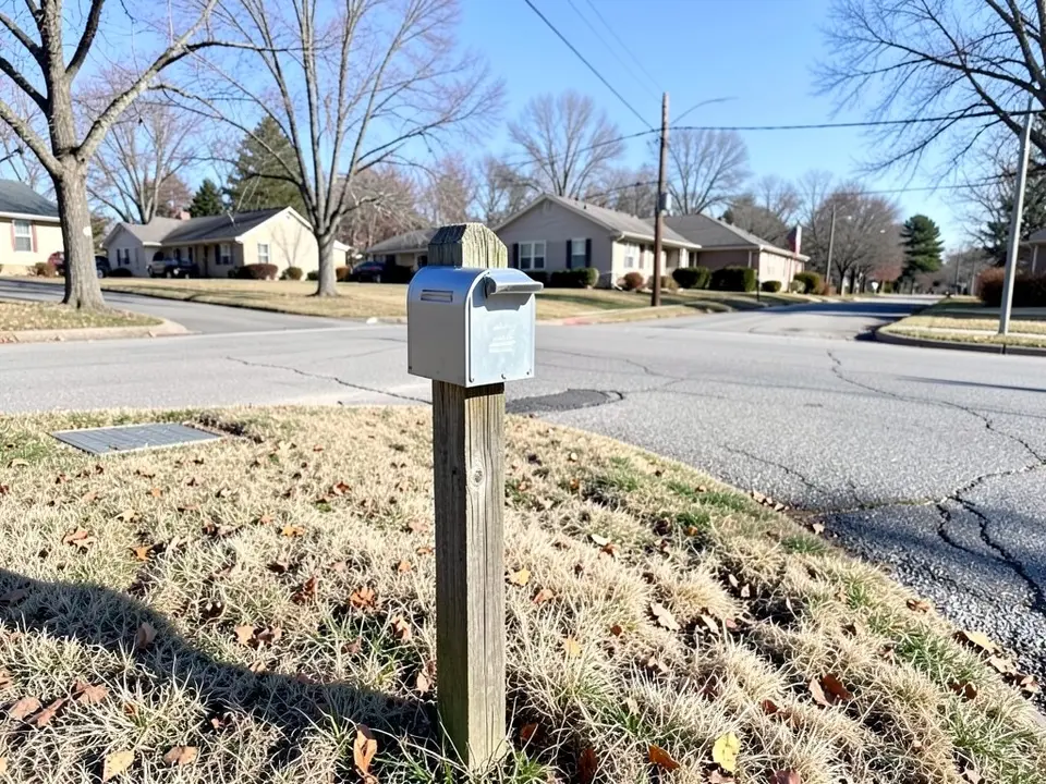 AI-generated example: a grey metal mailbox on a weathered wooden post in dry, patchy grass with fallen leaves and a small metal utility cover, beside a cracked street, with bare trees and low houses behind, in daylight