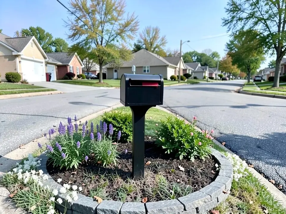 AI-edited version of the same image: a round bed of dark mulch around the mailbox post with lavender, two green shrubs, a few pink flowers and white flowers, edged with a raised ring of grey stone blocks, and the mailbox, street, driveway and houses as before