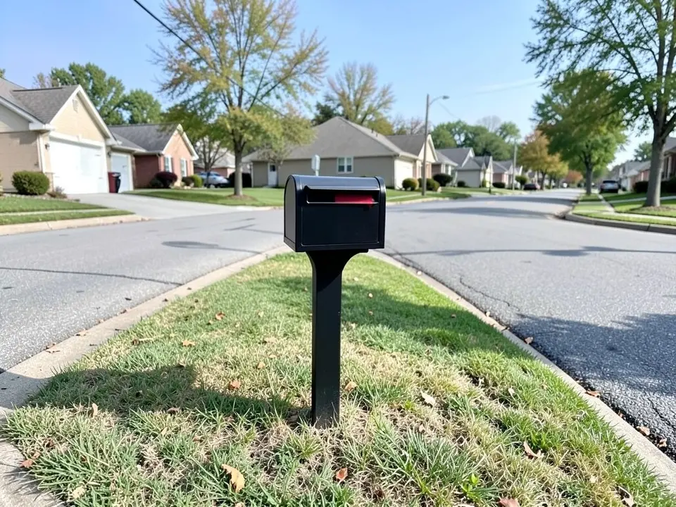 AI-generated example: a black post-mounted mailbox with a red flag on a plain black post in dry, patchy grass at a curb, with a street, a driveway, a row of suburban houses and trees behind, in daylight