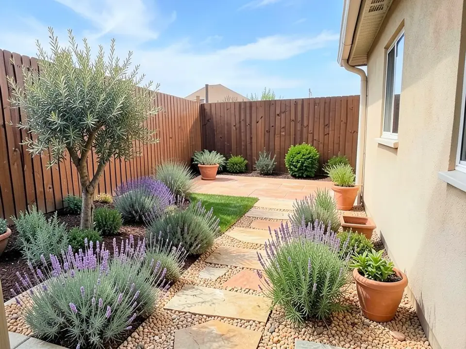 AI-edited version of the same image: an olive tree and clumps of lavender in mulch and pebble gravel on the left, a path of flat stepping stones set in pebbles along the house wall, a small patch of lawn in the middle, a paved area in warm terracotta-colored stone against the back fence and several terracotta pots