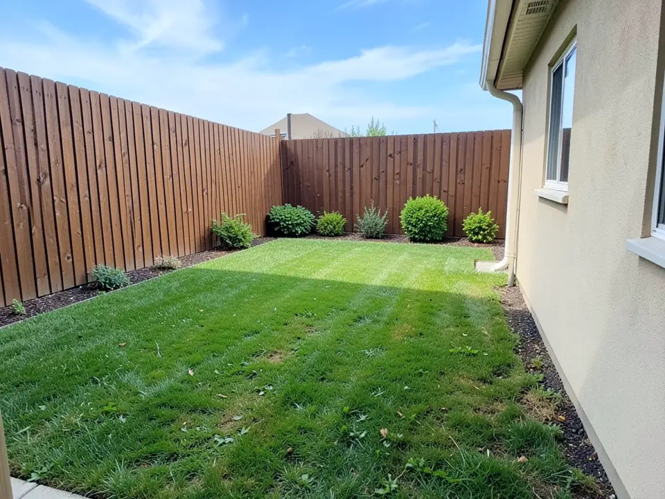AI-generated example: a plain backyard lawn enclosed by a tall brown wooden fence on the left and at the back, with a few small shrubs in a mulch strip along the fence and a beige house wall with a window and a white downspout on the right