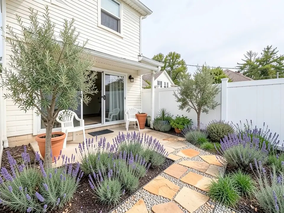 AI-edited version of the same image: an olive tree in a large terracotta pot on the patio and a second olive tree in the ground by the fence, a broad bed of lavender in dark mulch across the front of the patio, and a diagonal path of flat stones set in pebbles with black edging, between lavender and grasses along the fence