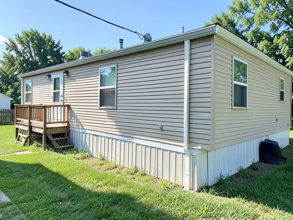 AI-generated example: a single-wide mobile home with beige vinyl siding and white vinyl skirting, a small wooden deck with lattice and steps at the door, a downspout, a black covered object at the right corner and grass and weeds running right up to the skirting