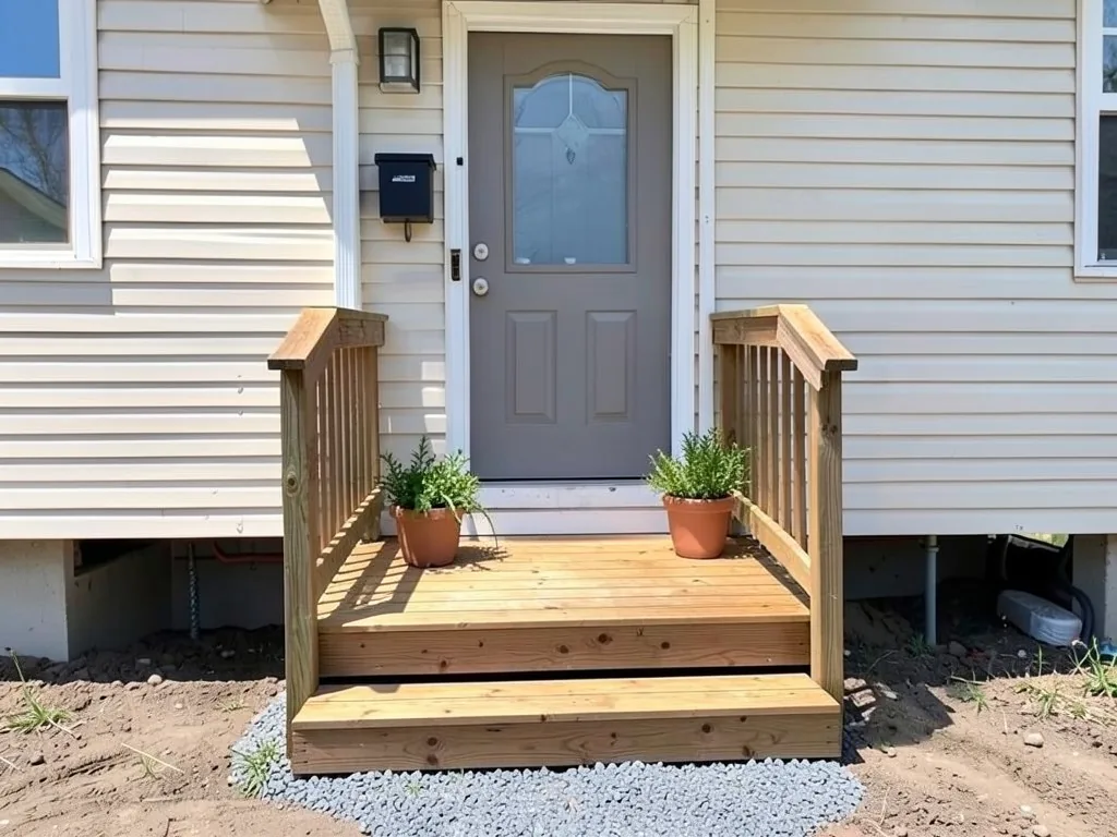 AI-edited version of the same image: the metal steps replaced by a wide wooden landing with one wooden step and wooden railings on both sides, two terracotta pots of herbs on the landing and a patch of grey gravel around the bottom step