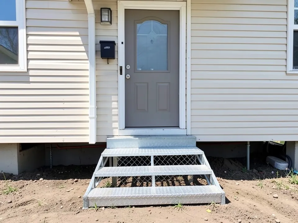 AI-generated example: the entrance of a manufactured home with beige siding, a grey door with a glass panel, a wall lamp, a black mailbox and a downspout, with galvanized metal steps with diamond-plate treads and mesh sides standing on bare dirt