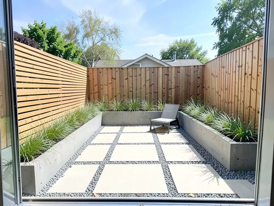 AI-edited version of the same image: a terrace of large pale concrete pavers with gravel joints, concrete-edged raised beds of ornamental grasses along both sides, a grey lounge chair at the far end and a horizontal slat fence on the left