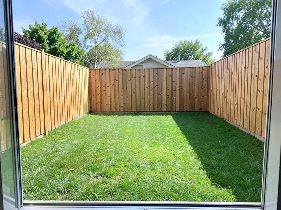 AI-generated example: a rectangular backyard seen from a glass doorway, with a plain green lawn and a tall wooden fence on three sides, and nothing else on the ground