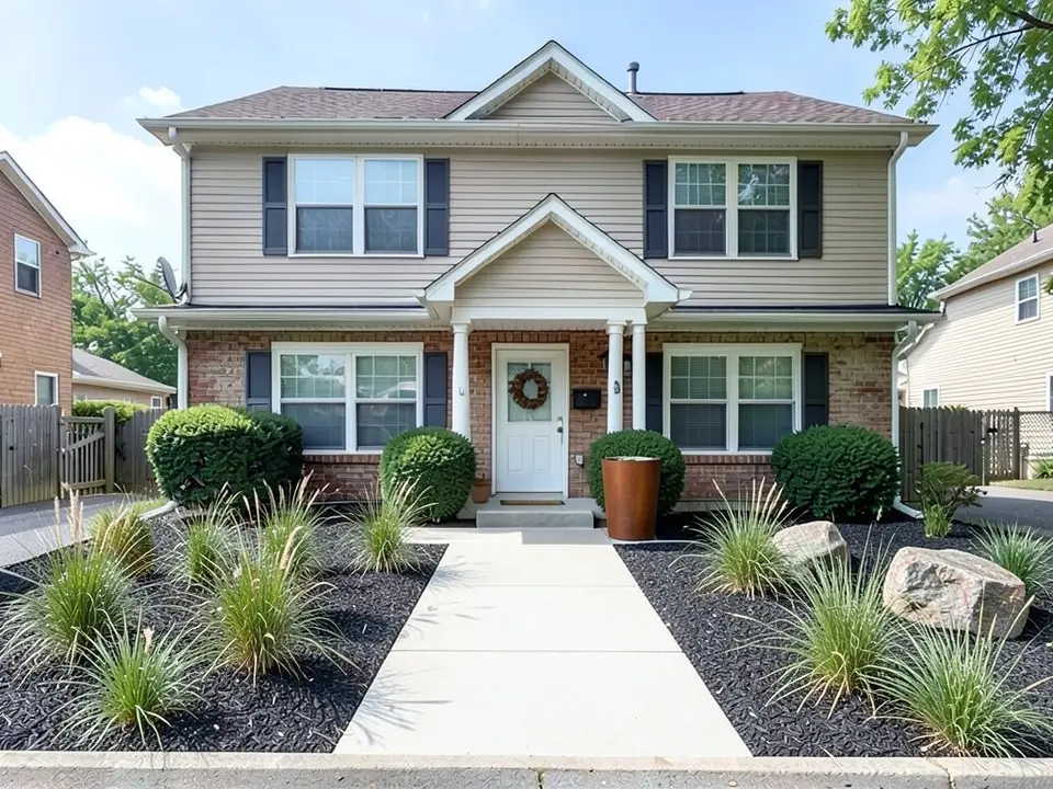 AI-edited version of the same image: a wide straight concrete path leads to the front door between beds of black mulch with tall ornamental grasses and boulders, and a rust-colored planter stands by the door