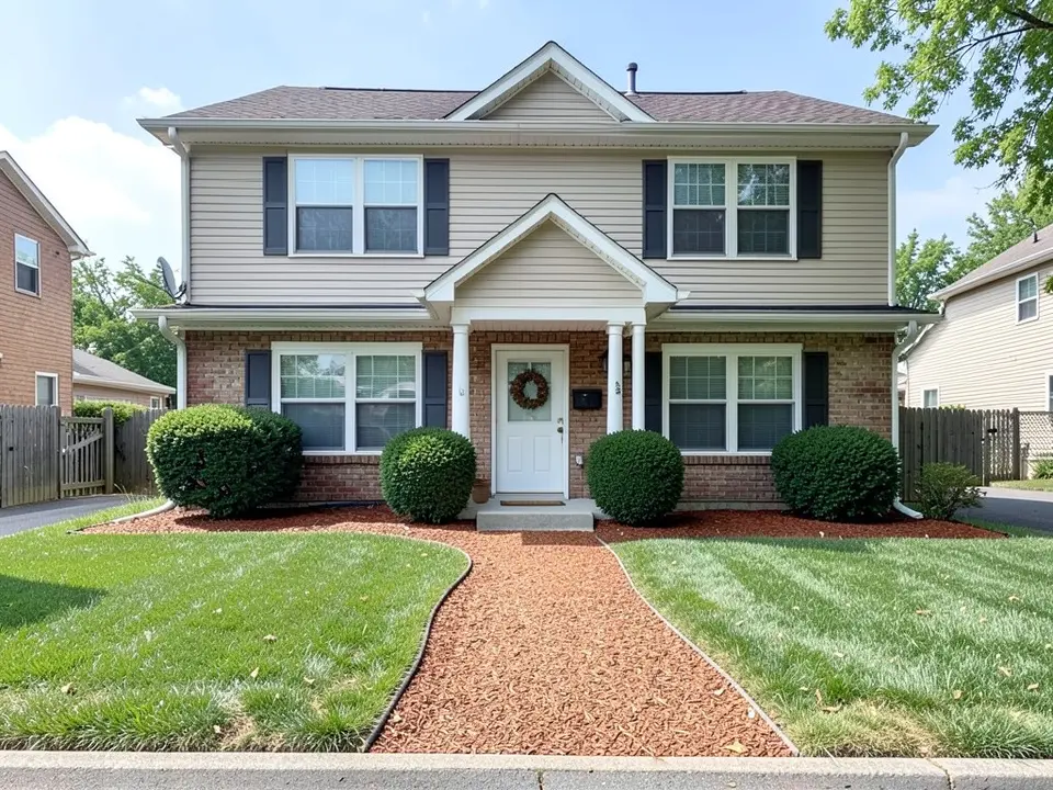 AI-generated example: a traditional two-storey house with a white porch seen from the street, a green lawn with a curved path of brown wood chips to the front door, round clipped bushes and a brown mulch bed