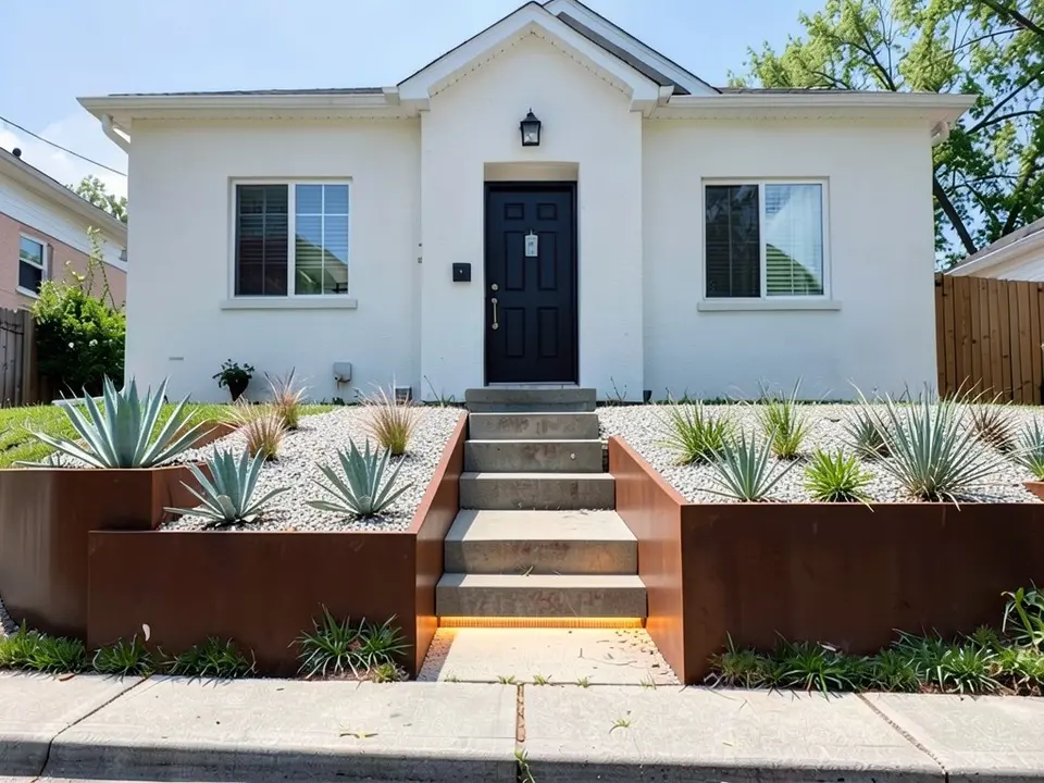 AI-edited version of the same image: two low rust-colored steel retaining walls hold terraces of pale gravel planted with agave and ornamental grasses on each side of the steps, with a warm light glowing under the lowest step