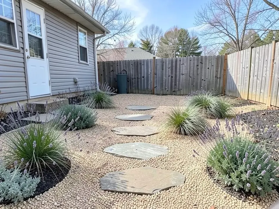 AI-edited version of the same image: the lawn is replaced by light tan rounded gravel with a path of five flat grey stepping stones across it, and groups of ornamental grasses and lavender in the gravel and in a bed edged with black