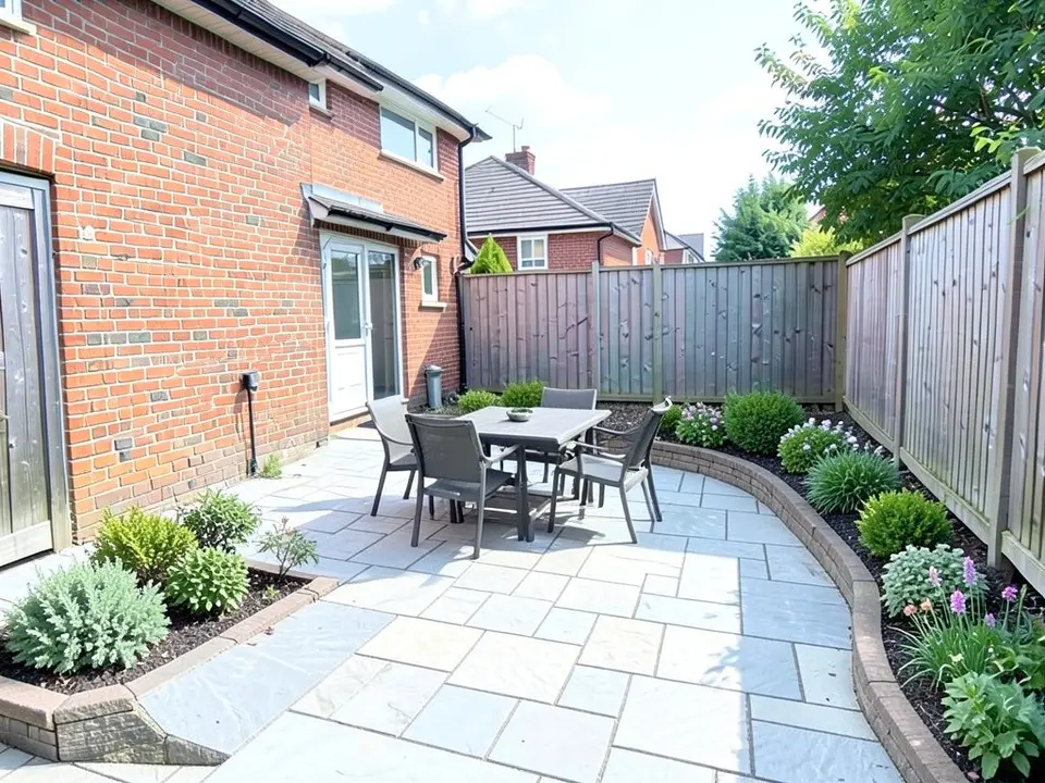 AI-edited version of the same image: the lawn is replaced by a large light grey stone paver patio with a table and chairs on it, a curved raised bed with shrubs and flowers along the right fence, and a small planting bed at the foot of the brick wall on the left