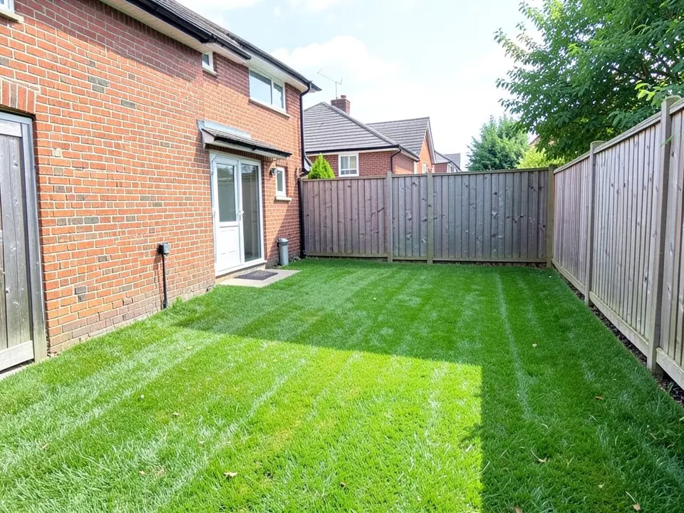 AI-generated example: a small backyard that is all mown green lawn, with a red-brick house wall and a white back door with a doormat on the left, tall wooden fences on the other sides and trees behind