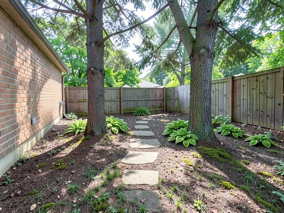 AI-edited version of the same image: dark brown bark mulch covers the ground between the trees with a line of flat stepping stones through it, and hostas and ferns stand around the tree bases and along the fence