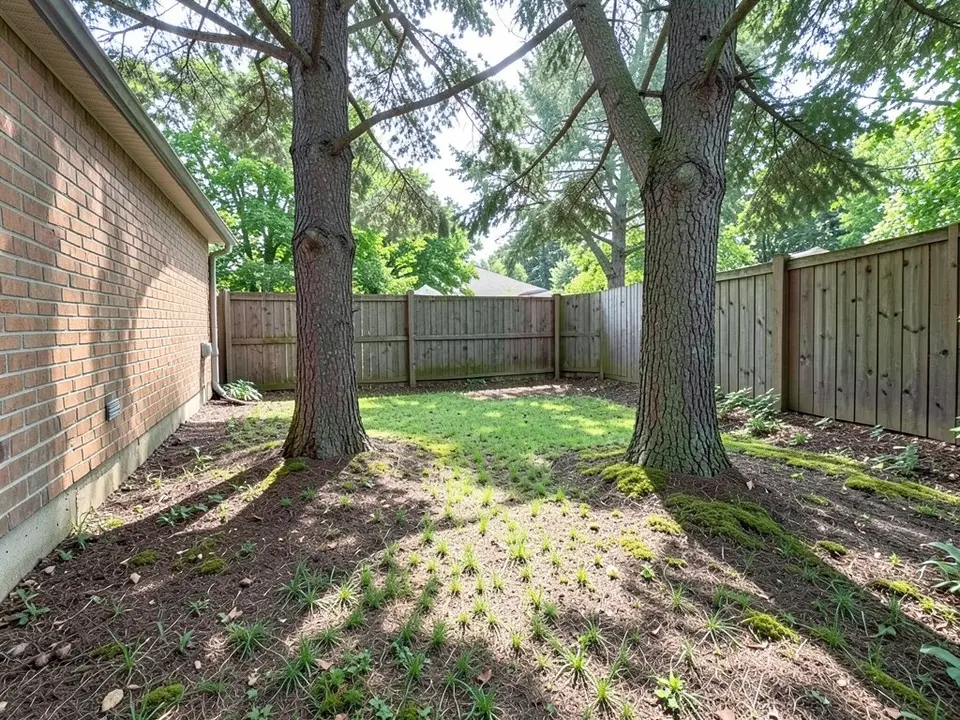 AI-generated example: a shady backyard with two tall tree trunks, a bright green patch of grass between them and brown bare ground with moss and grass shoots around it, a red-brick house wall on the left and a wooden fence behind
