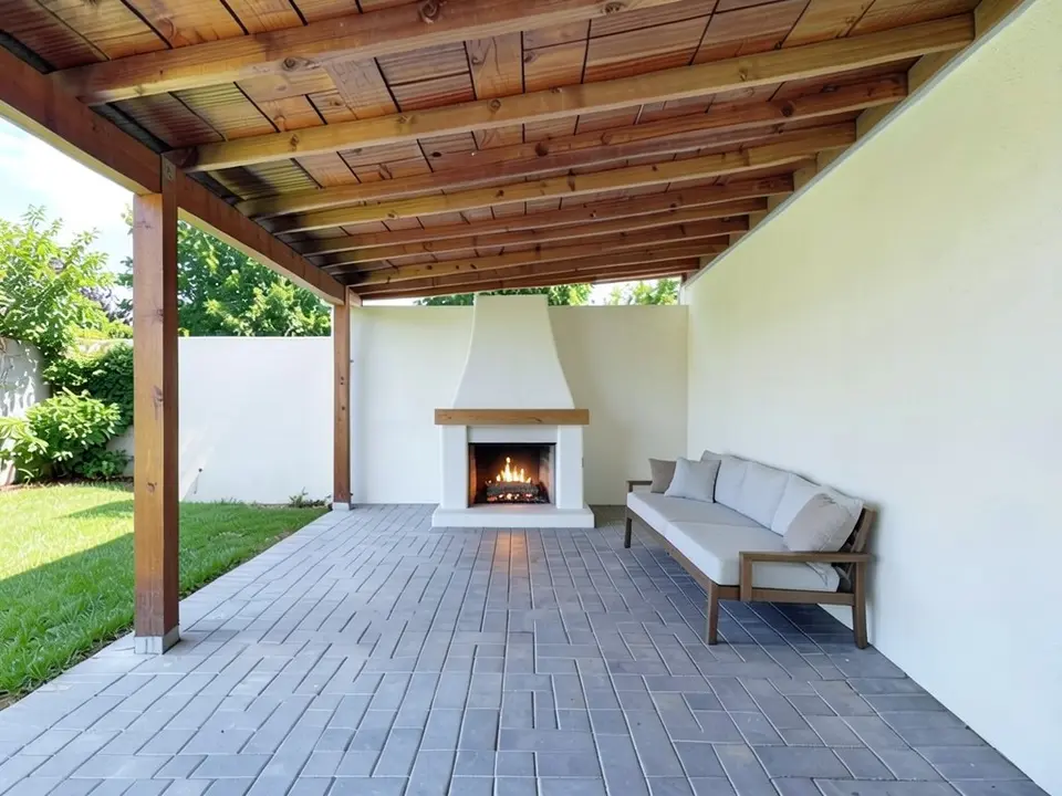 AI-edited version of the same image: a white stucco fireplace with a wooden mantel and a lit fire stands in the far wall, and a cushioned sofa sits along the right wall