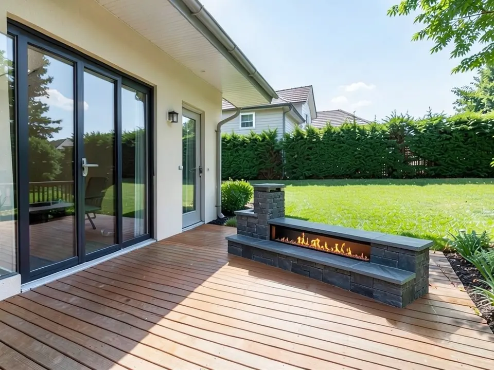 AI-edited version of the same image: a wide, low modern fireplace of dark grey stone panels with a long horizontal opening and flames stands at the end of the deck, with a short chimney stub on its left