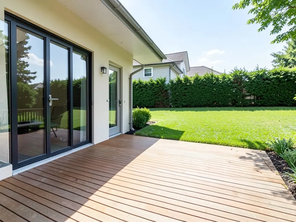 AI-generated example: a large bare wooden deck behind a modern house with glass sliding doors, a lawn beyond it and a tall green hedge along the back, with no furniture