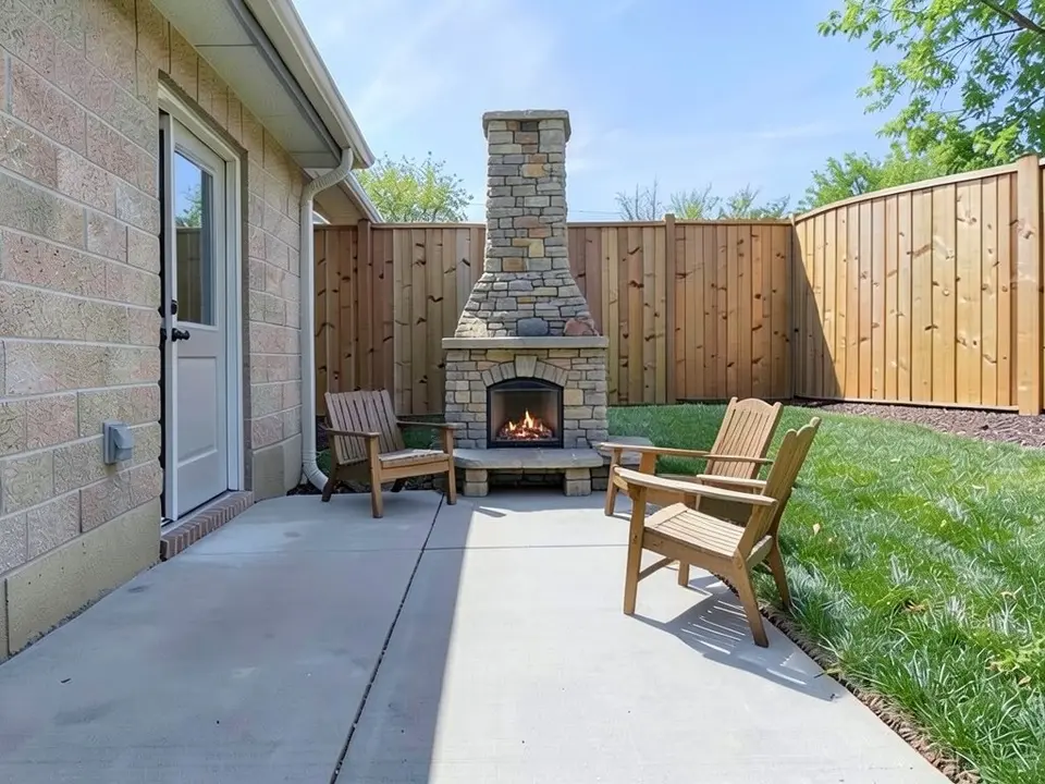 AI-edited version of the same image: a tall natural stone fireplace with a chimney and a lit fire stands against the wooden fence on the patio, with wooden armchairs beside it