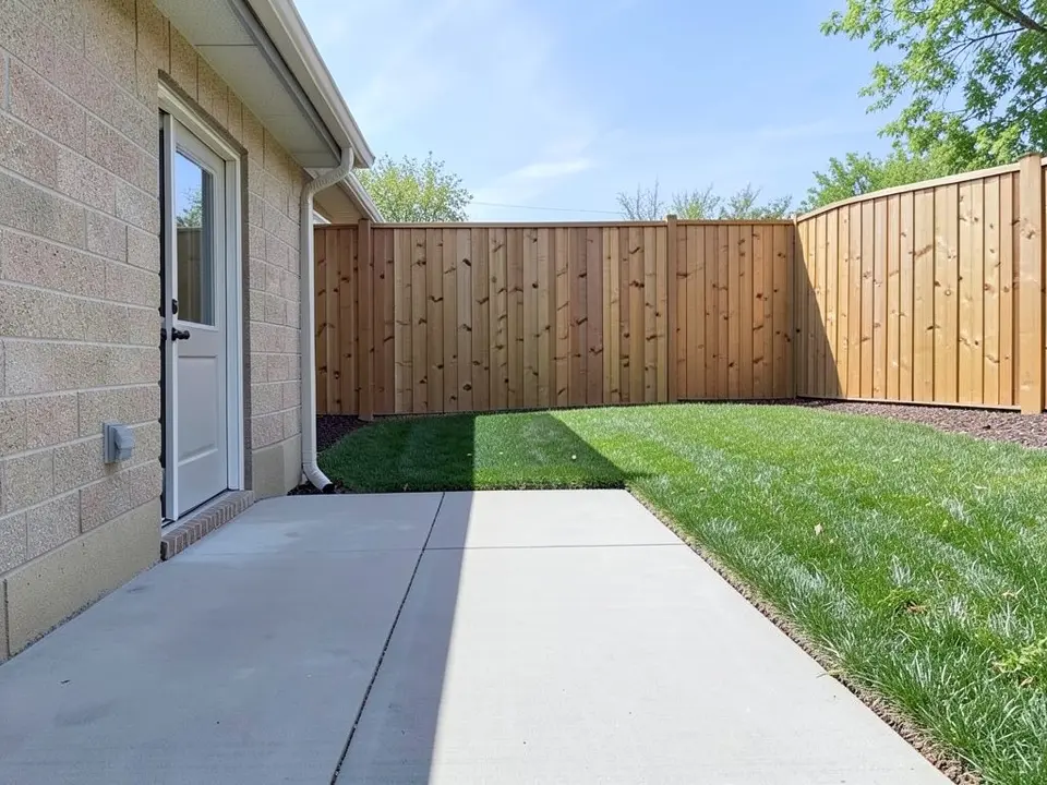 AI-generated example: a plain grey concrete patio beside a lawn, with a pale brick house wall and a back door on the left and a tall wooden fence behind, and no furniture