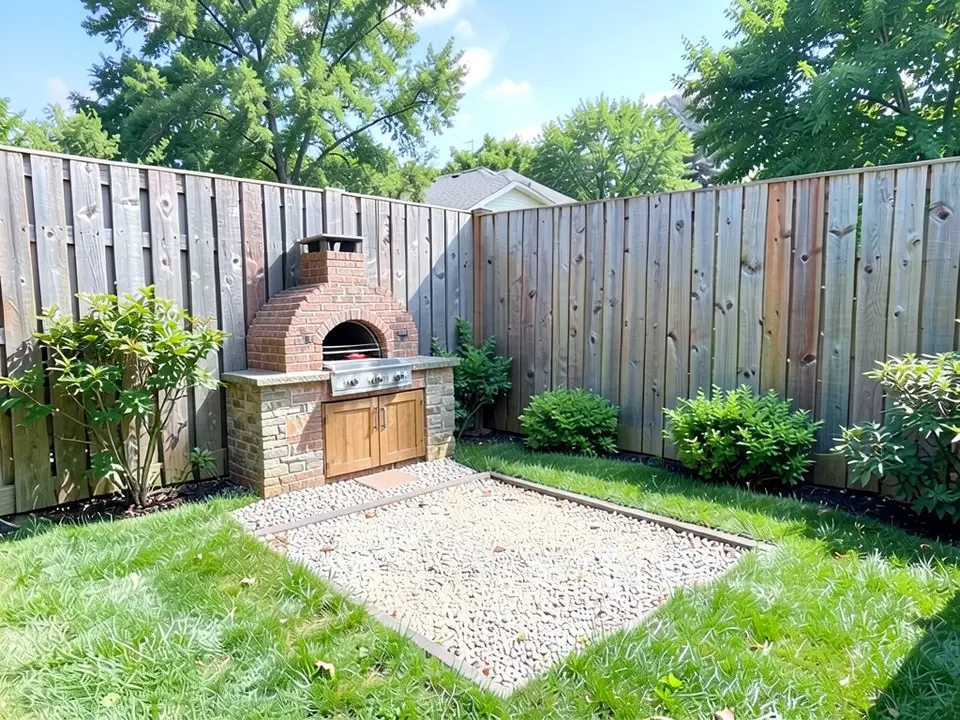AI-edited version of the same image: a brick dome pizza oven with a small chimney stands on a stone-clad counter against the fence, with a built-in grill at its right end and wooden cabinet doors below, and the gravel patch and shrubs in front of it