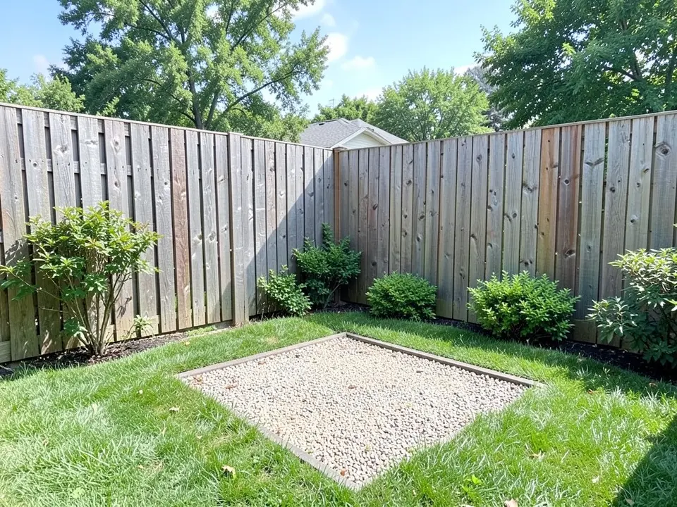 AI-generated example: a backyard corner where two tall wooden fences meet, with shrubs along the fences, a green lawn and a rectangular patch of grey gravel with a metal edge in front of the corner
