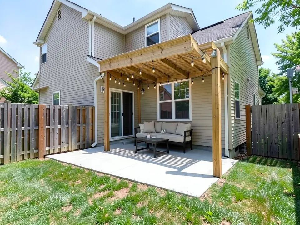 AI-edited version of the same image: a wooden pergola-style cover with a slatted wood roof is attached to the house wall over the concrete patio, supported by two wooden posts at the front, with an outdoor sofa with beige cushions, a dark coffee table and a string of lights under it