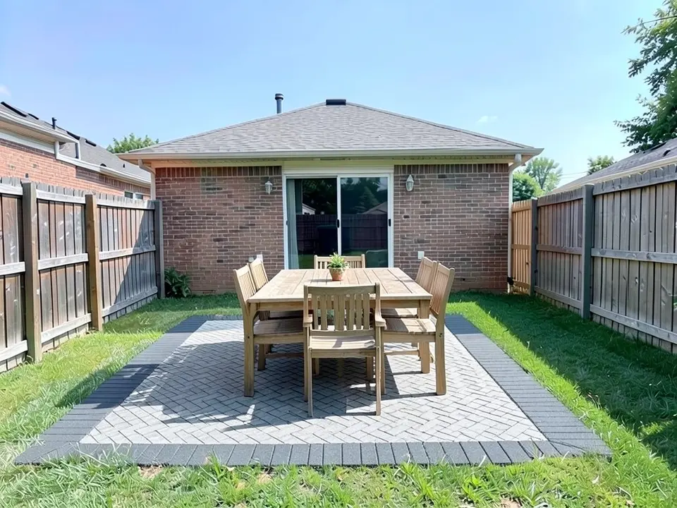 AI-edited version of the same image: a rectangular patio of grey pavers in a herringbone pattern with a dark charcoal border sits on the lawn, with a wooden dining table and wooden chairs on it, in front of the same brick house