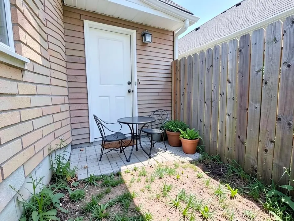 AI-edited version of the same image: the small slab outside the white door is now paved with light grey square pavers, with a round black metal bistro table and two black metal chairs on it and two terracotta pots of green plants against the fence; bare dirt and weeds remain in front