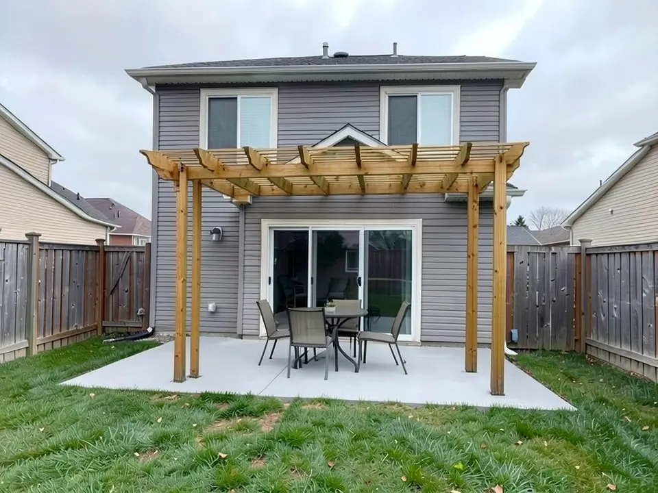 AI-edited version of the same image: a wooden pergola with an open slatted top stands over the concrete patio in front of the sliding door, with an outdoor dining table and chairs under it