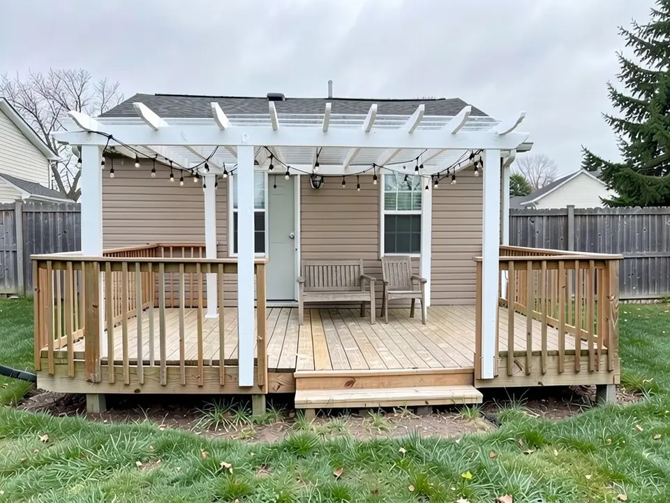 AI-edited version of the same image: a white wooden pergola with a slatted top stands over the deck with string lights hanging under it and a wooden bench and an armchair on the deck