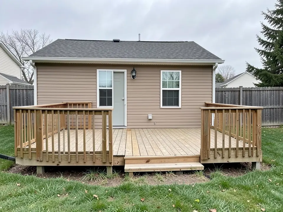 AI-generated example: the back of a tan one-story house with a door, two windows and a plain wooden deck with a railing around it, a lawn below and a wooden fence behind