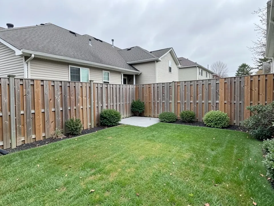 AI-generated example: a suburban backyard corner with a plain green lawn, a tall wooden privacy fence, a small grey concrete patio near the fence, shrubs along the fence and a neighbour's house behind